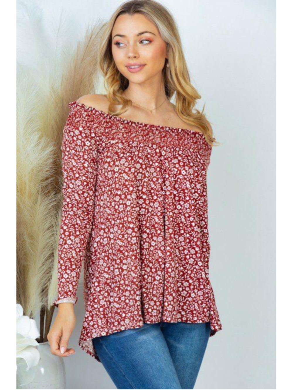 Women's White Birch Floral Off-Shoulder Blouse Maroon White Size 1X